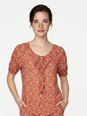 SUNDANCE | Mini Floral Ruffle Accent Orange Short Sleeve Top Women’s Size XS